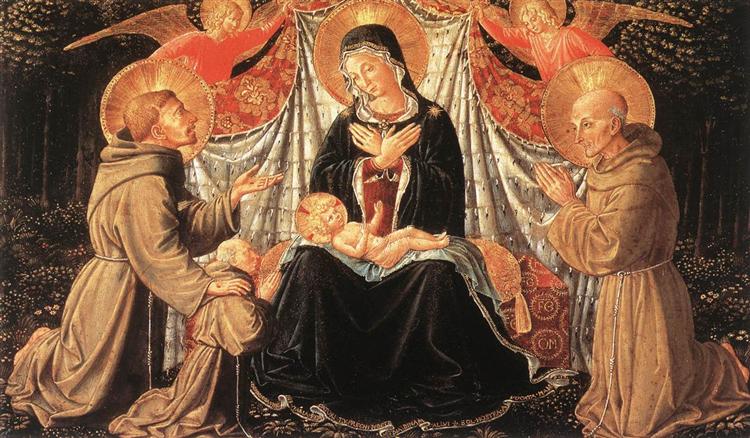 Madonna and Child with St. Francis and the donor Fra Jacopo da Montefalco (left) and St. Bernardino of Siena (right), 1452 - Беноццо Гоццоли