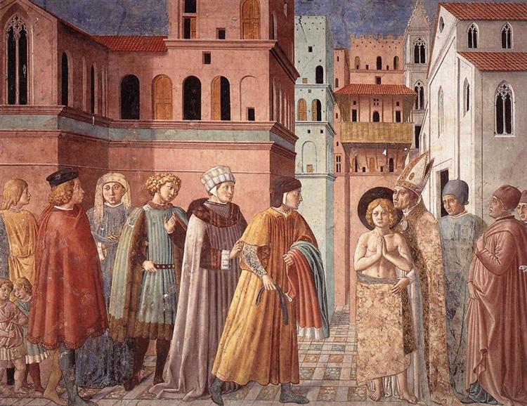 Renunciation of Worldly Goods and The Bishop of Assisi Dresses St. Francis, 1452 - 貝諾佐·戈佐利
