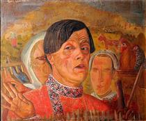 Self-Portrait with a Chicken and a Rooster - Boris Grigoriev