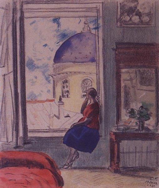 Interior. The female figure at the window (in studio), 1920 - Boris Kustodiev
