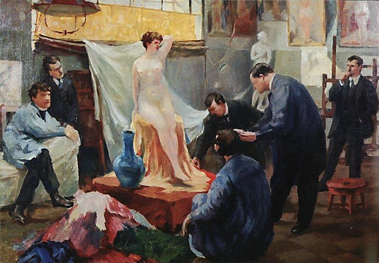 Statement of the model in the studio of Ilya Repin, 1899 - Boris Michailowitsch Kustodijew