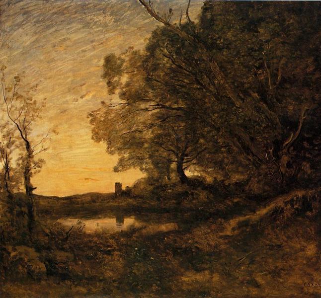 Вечер. Далёкая башня, c.1860 - c.1865 - Камиль Коро