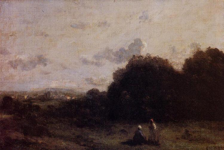 Fields with a Village on the Horizon, Two Figures in the Foreground - Camille Corot