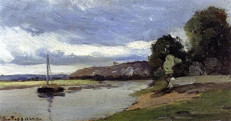 Banks of a River with Barge, c.1864 - Camille Pissarro