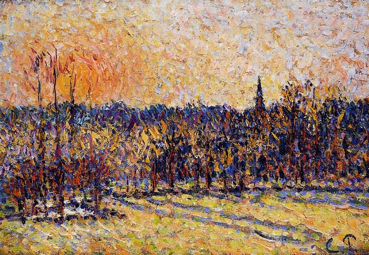 Sunset, Bazincourt Steeple - Camille Pissarro