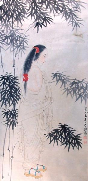 Beauty in Red Hair-kerchief, Wooden Shoes, White Robe, Bamboos, 1980 - Zhang Daqian