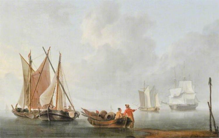 Fishermen and Boats with Two Sailing Ships Beyond - Charles Martin Powell