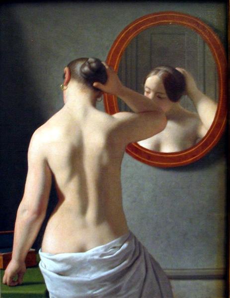 Una mujer desnuda arregla su cabello frente a un espejo, 1841 - Christoffer Wilhelm Eckersberg