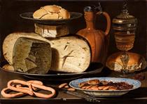 Still Life with Cheeses, Almonds and Pretzels - Клара Петерс