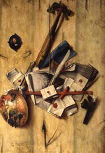 Trompe l'oeil with violin, painter's implements and self-portrait - Корнеліс Норбертус Гісбрехтс