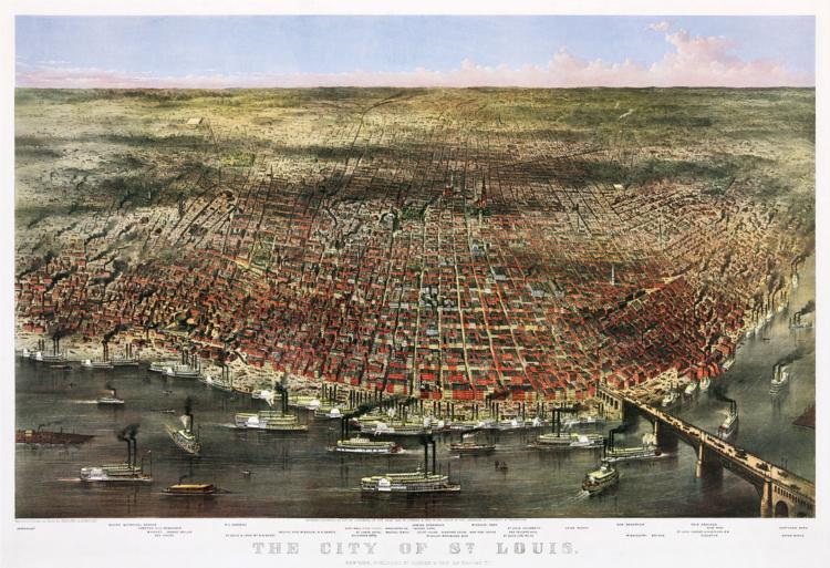 City of St. Louis. Bird's-eye view of St. Louis, Missouri, as seen from above the Mississippi River, 1874 - Currier & Ives