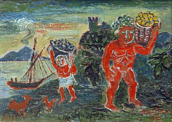 Mythological story with red figures, 1950 - Давид Бурлюк