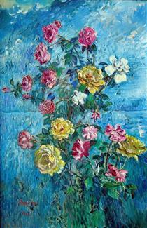 Roses with blue background - David Burliuk