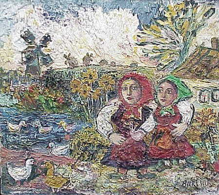 Two Girls in a Farmyard with Ducks and a Windmill - David Burliuk