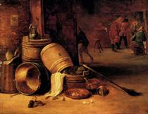 An interior scene with pots, barrels, baskets, onions and cabbages with boors carousing in the background - David Teniers el Joven
