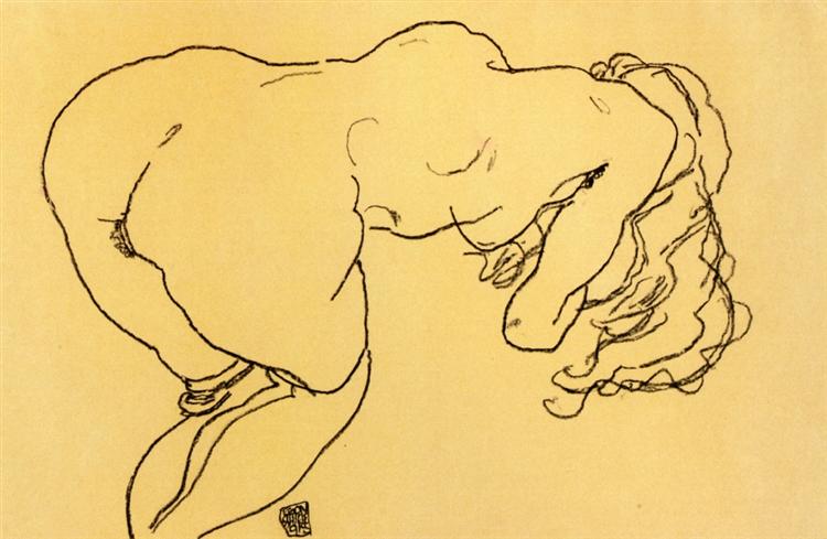 Long haired nude, bent over forward, jerk view, 1918 - Эгон Шиле