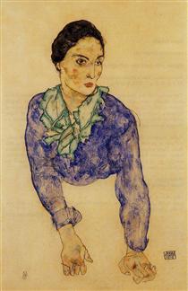 Portrait of a Woman with Blue and Green Scarf - 席勒