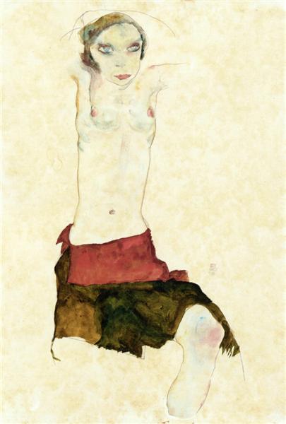 Напівоголена з кольоровою спідницею та піднятими руками, 1911 - Егон Шиле