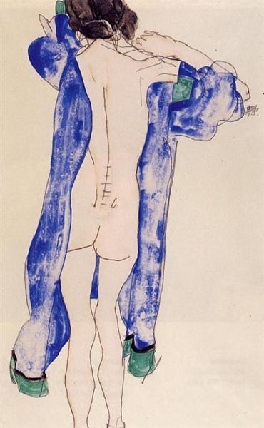 Standing Female Nude in a Blue Robe, 1913 - Egon Schiele