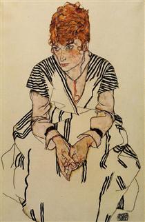 The Artist's Sister in Law in a Striped Dress - Egon Schiele