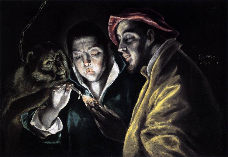 Allegory, boy lighting candle in the company of an ape and a fool - Fábula, c.1590 - El Greco