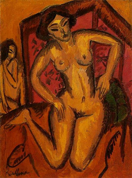Female Nude Kneeling before a Red Screen, 1912 - Ernst Ludwig Kirchner