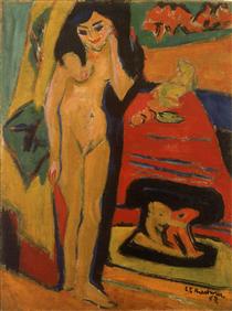 Nacktes Mädchen hinter Vorhang - Ernst Ludwig Kirchner