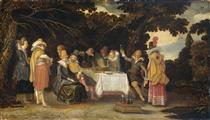 Elegant company dining in the open air - Esaias van de Velde