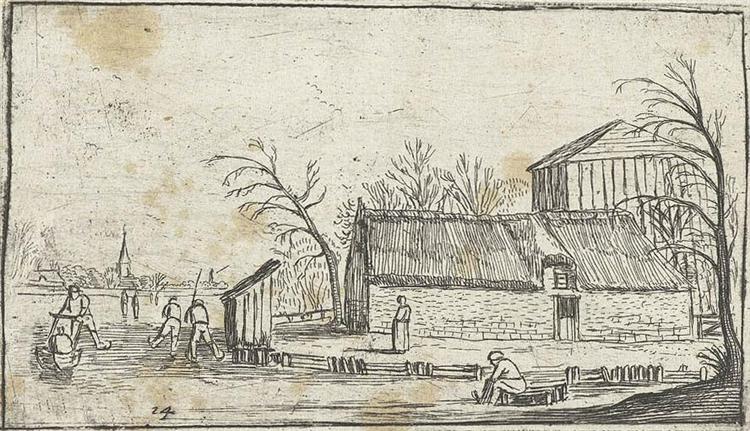 Frozen River with Skaters near a farmhouse, c.1614 - Есайас ван де Вельде