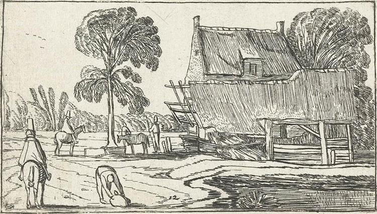 Riding on the road next to a farm, c.1614 - Эсайас ван де Вельде