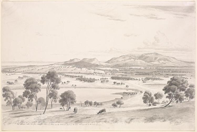 The Warrion Hills seen from Robertson's Hill near Colac and in the distance part of the Lake Corangamite and the Australian Pyrenees, 1858 - Ойген фон Герард