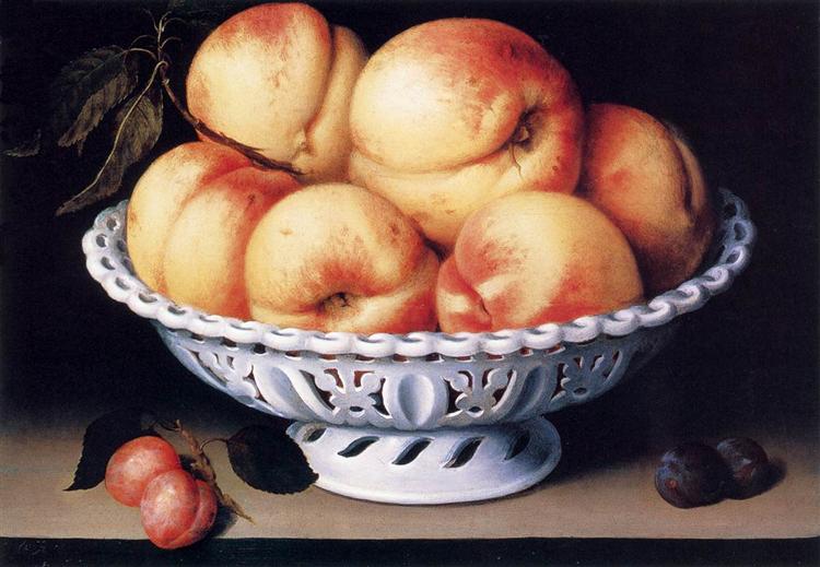 White Ceramic Bowl with Peaches and Red and Blue Plums, c.1610 - Феде Галиция