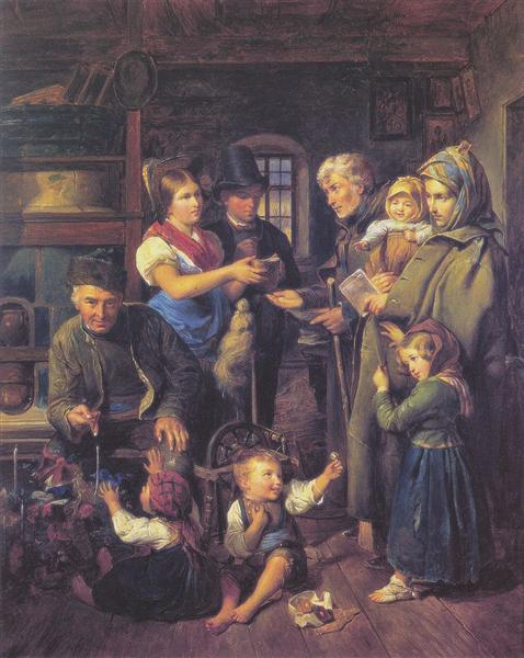 A traveling family of beggars is rewarded by poor peasants on Christmas Eve, 1834 - Ferdinand Georg Waldmüller