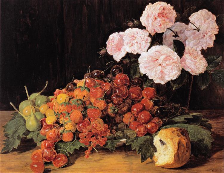 Still life with roses, strawberries, and bread, 1827 - Ferdinand Georg Waldmüller