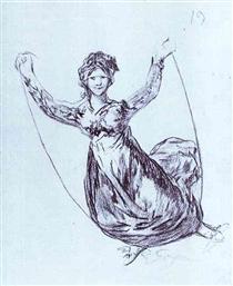Jóvenes Bruja Volando con una cuerda - Francisco de Goya