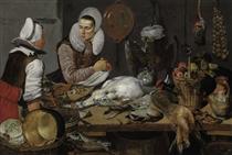 A Kitchen Interior with a Maid and a Lady Preparing Game - Frans Hals