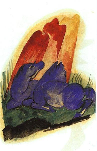 Two Blue Horses in Front of a Red Rock, 1913 - 法蘭茲·馬克