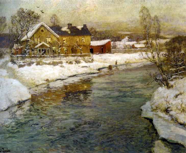 Cottage by a Canal in the Snow - Frits Thaulow