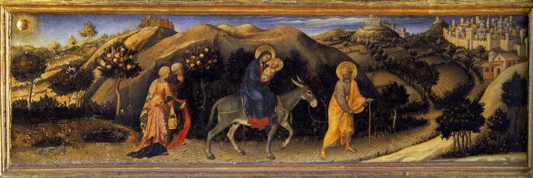 Adoration of the Magi Altarpiece, left hand predella panel depicting Rest during The Flight into Egypt, 1423 - Джентіле да Фабріано