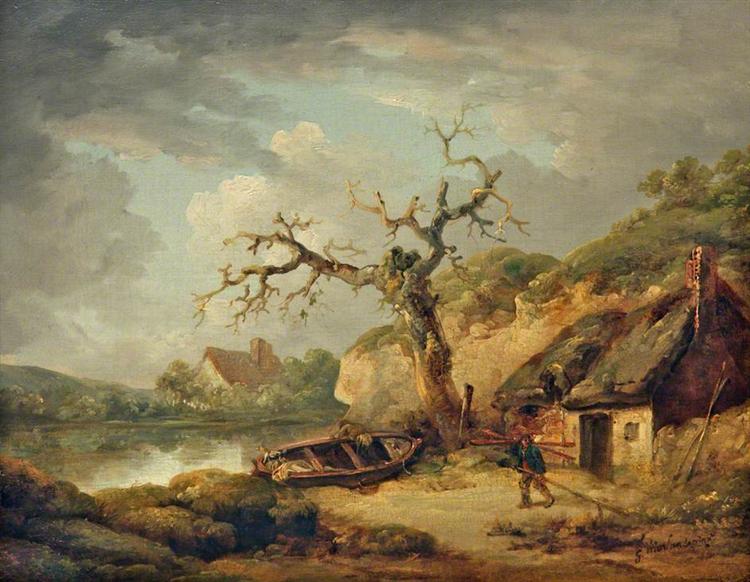 Lake Scene and a Cottage, 1790 - Джордж Морланд