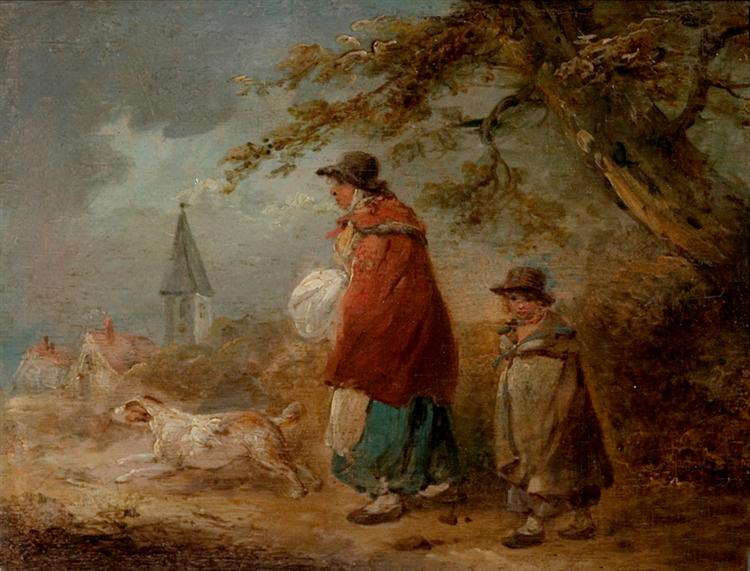 Woman, Child and Dog on a Road - George Morland