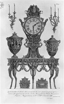 A five-legged table, wall Matterhorn, surmounted by a clock between two decorative vases, two candelabra wall, two urns - Джованни Баттиста Пиранези