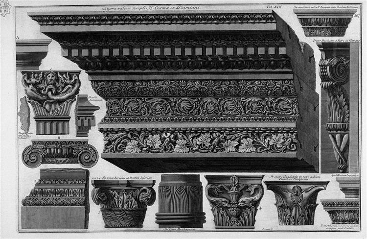 Architrave, frieze, cornice, various capitals (Saints Cosmas and Damian, St. Peter, etc.) - Giovanni Battista Piranesi