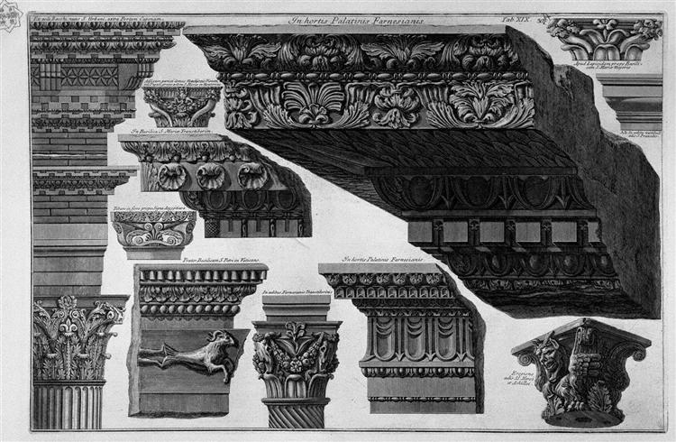 Capitals, friezes, cornices (Farnese Gardens, Santa Maria in Trastevere, etc.) - Джованни Баттиста Пиранези
