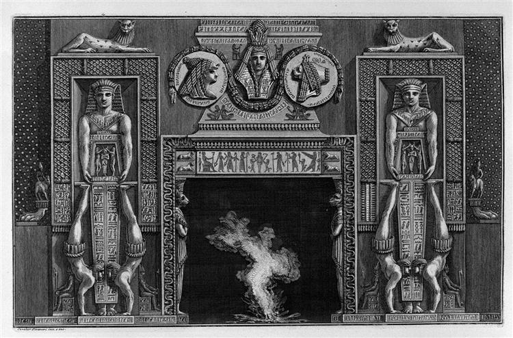 Egyptian-style fireplace, two on each side jugglers spilled on the hands - Джованни Баттиста Пиранези