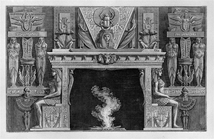 Fireplace Egyptian style, the sides two seated figures in profile, facing outwards - 皮拉奈奇