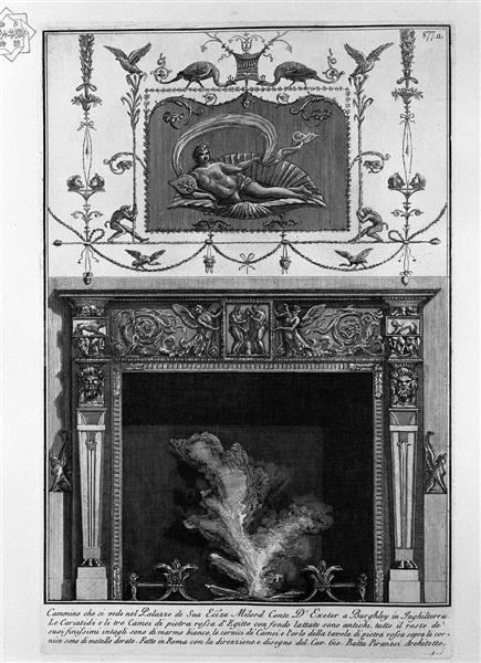 Fireplace: in the frieze, sacrificing two fauns, including winged genii; high on the wall, the figure of a woman lying in a shell - Giovanni Battista Piranesi