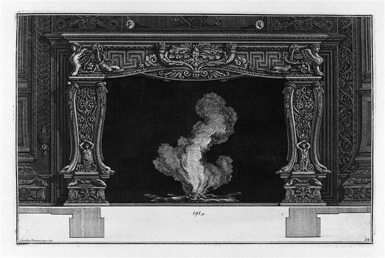 Fireplace: on the frieze of acanthus leaf between two horns, dolphins and sphinxes - Giovanni Battista Piranesi