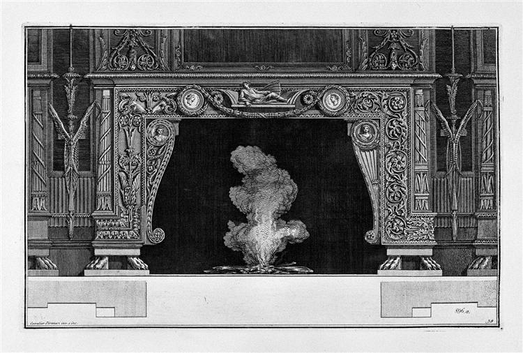 Fireplace: two medals in the frieze of garlanded a figure lying on a bed - Джованни Баттиста Пиранези