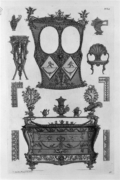 One side of the sedan, a dresser, and various other objects and decorative details - Giovanni Battista Piranesi